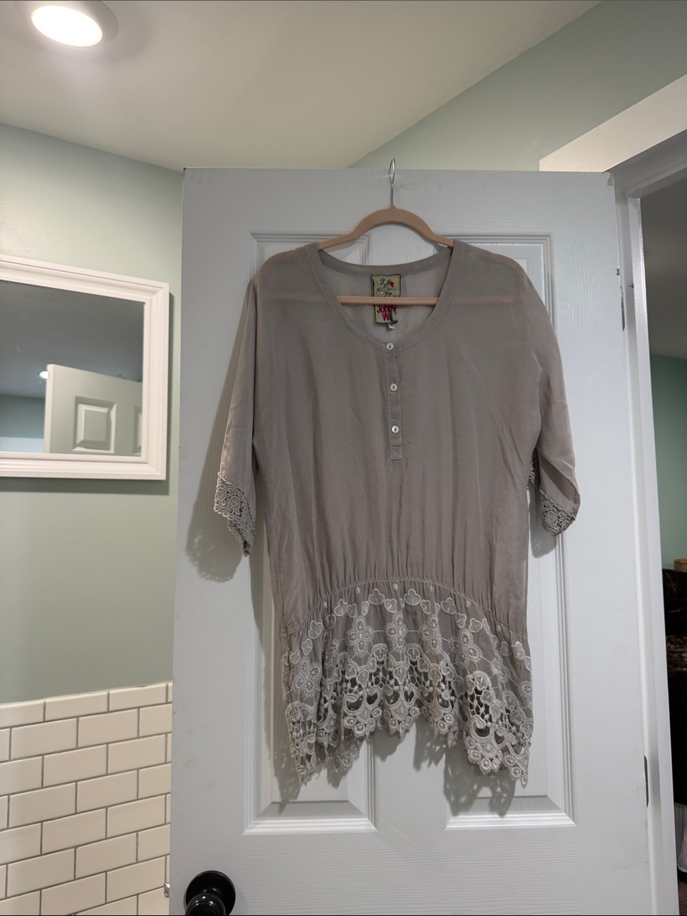 Johnny Was Taupe Lace-Trim Peasant Blouse